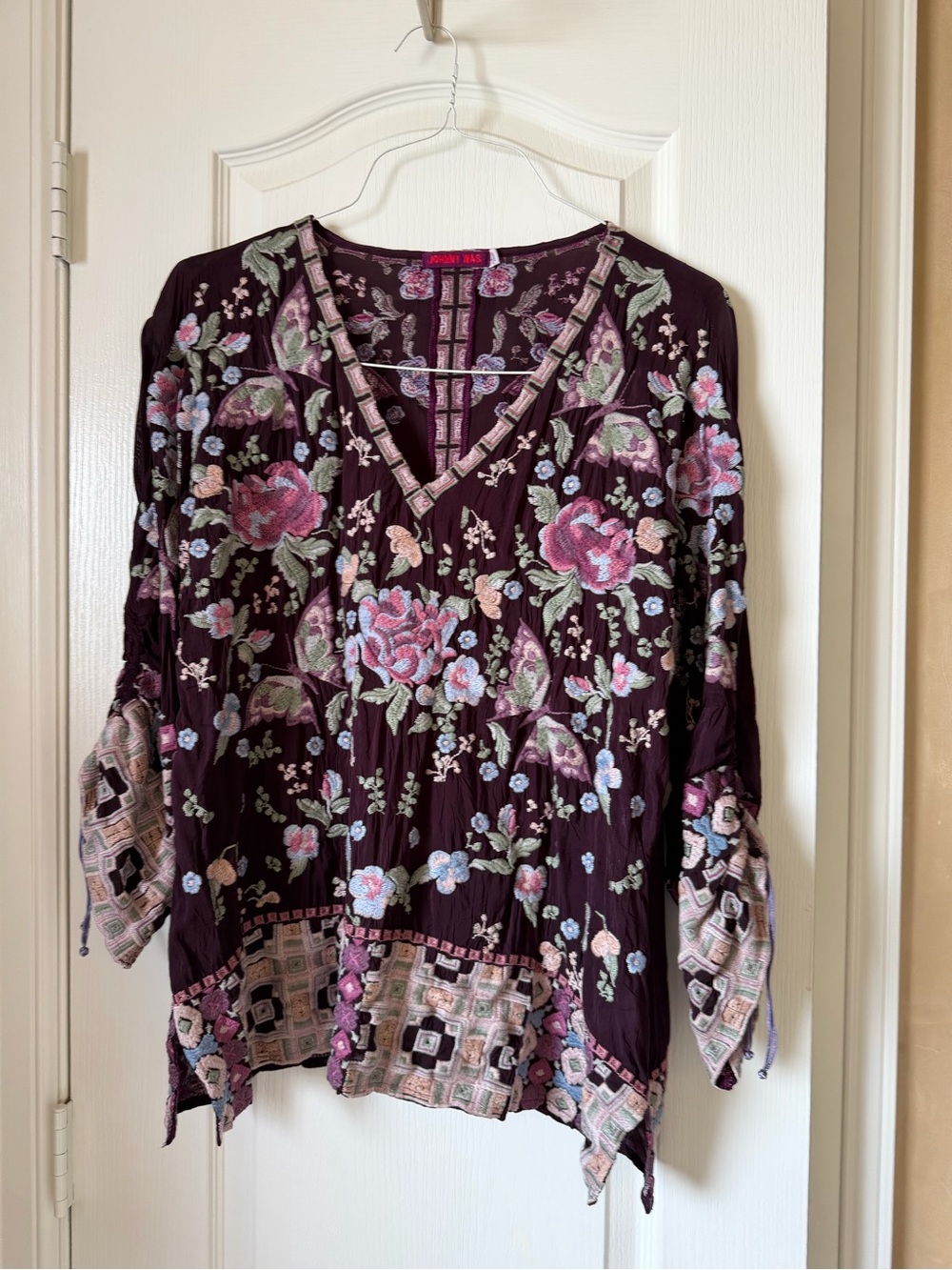 Johnny Was Plum Embroidered V-Neck Tunic with Pastel Floral Detail